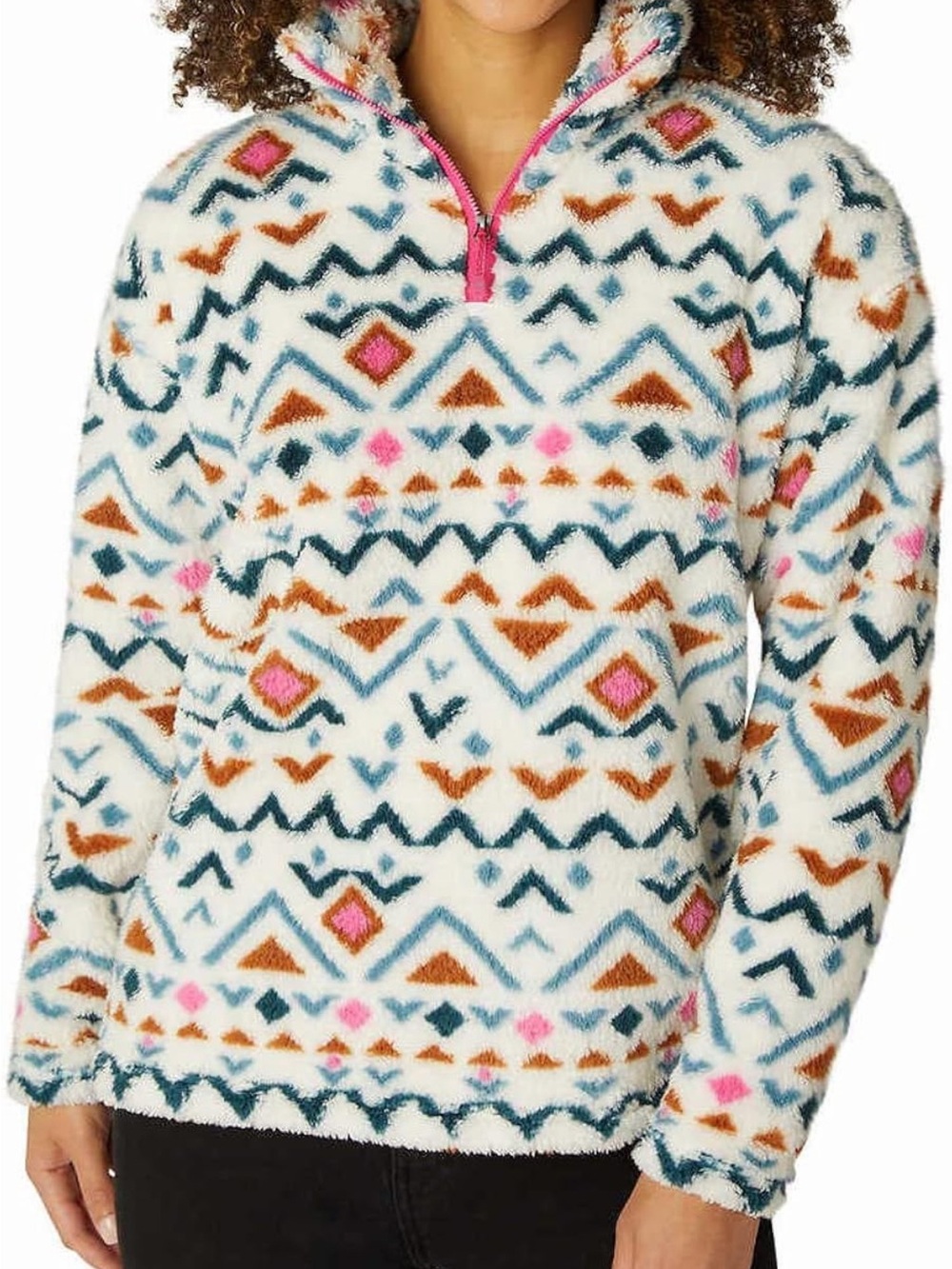 Eddie Bauer White Sherpa Pullover with Teal, Brown & Pink Aztec Print